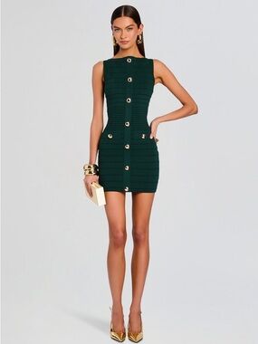 Retrofete Emerald Green Sleeveless Button-Front Mini Dress